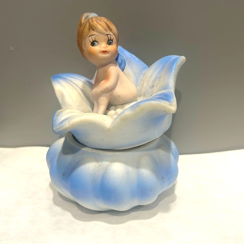 Vintage Girl pixie  fairy Covered Trinket Dish / Powder Jar/ Pill/Jewelry